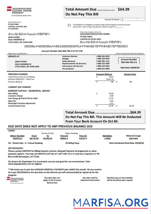 Blank USA Louisiana AEP (Southwestern Electric Power Company) electricity utility bill template in Word and PDF format